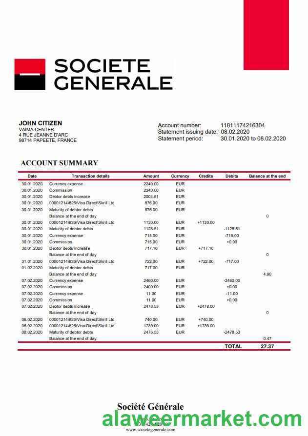 France Société Générale bank statement